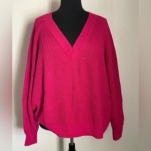 Hot pink v-neck cable knit dolman sleeve sweater